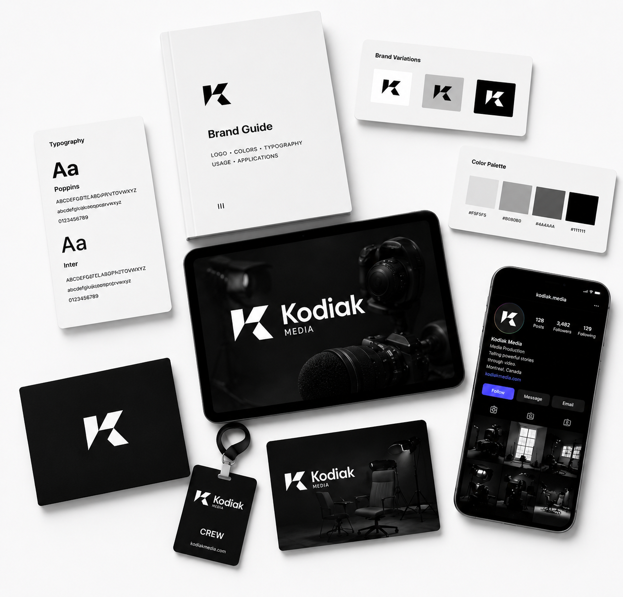 Contenu du Brand Essentials Kit : concepts de logo, palette, typographies et mockups